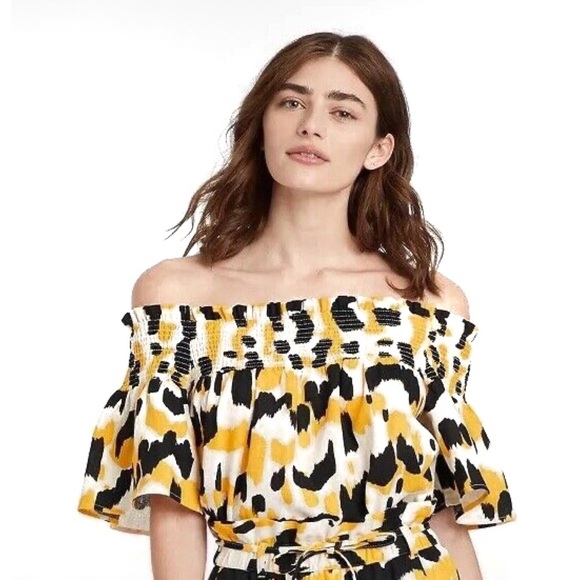 WWW NWT Linen Short Sleeve Smocked Bardot Top Cheetah Geometric Print S - Picture 2 of 13